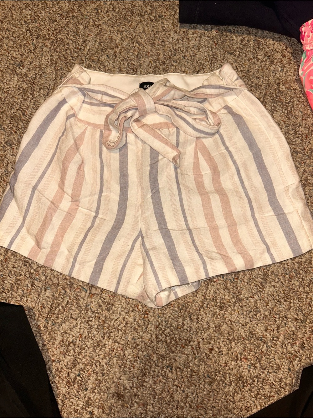 Express High-Waist Striped Tie-Front Shorts - Cream, Pink & Blue